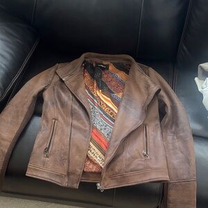 Desigual Brown Leather Jacket with Colorful Lining